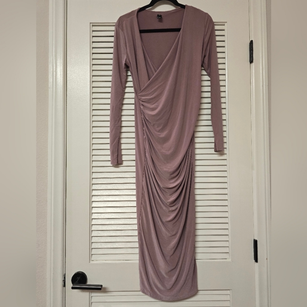 Windsor - Pinkish Grey Long-Sleeve Bodycon Ruched Asymmetrical Dress